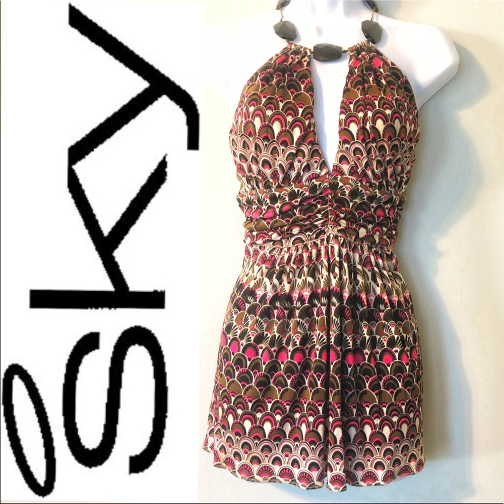 Sky Jewel Detail Cinched Waist Printed Halter Top